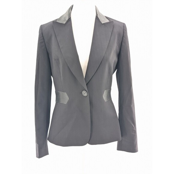 Tahari Arthur S. Levine Black Faux Leather Trim Women's Office Blazer Size 4 Sml - Picture 1 of 7